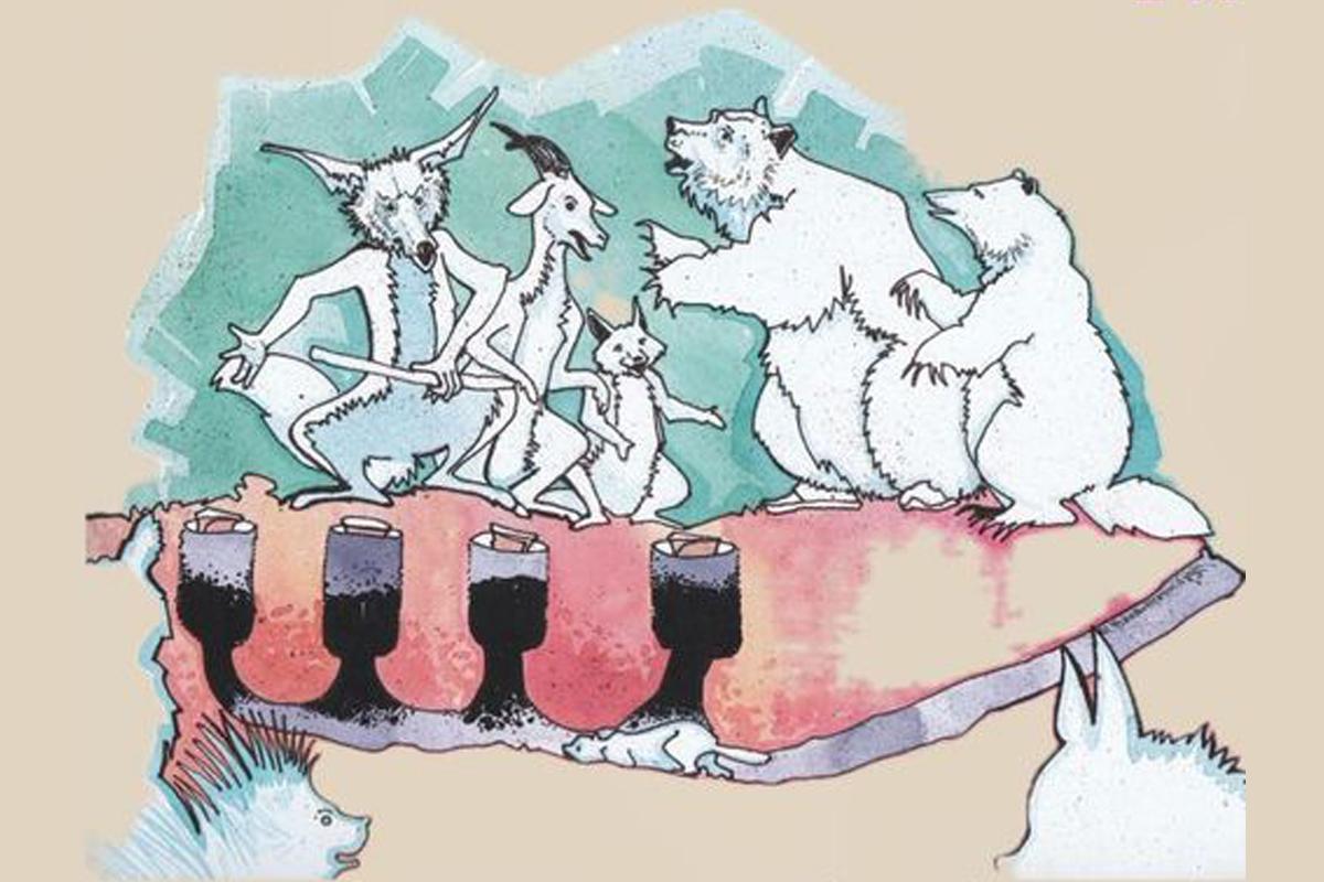 海狸、熊、狐狸、山羊和一只土狼站在绿松石的背景上.