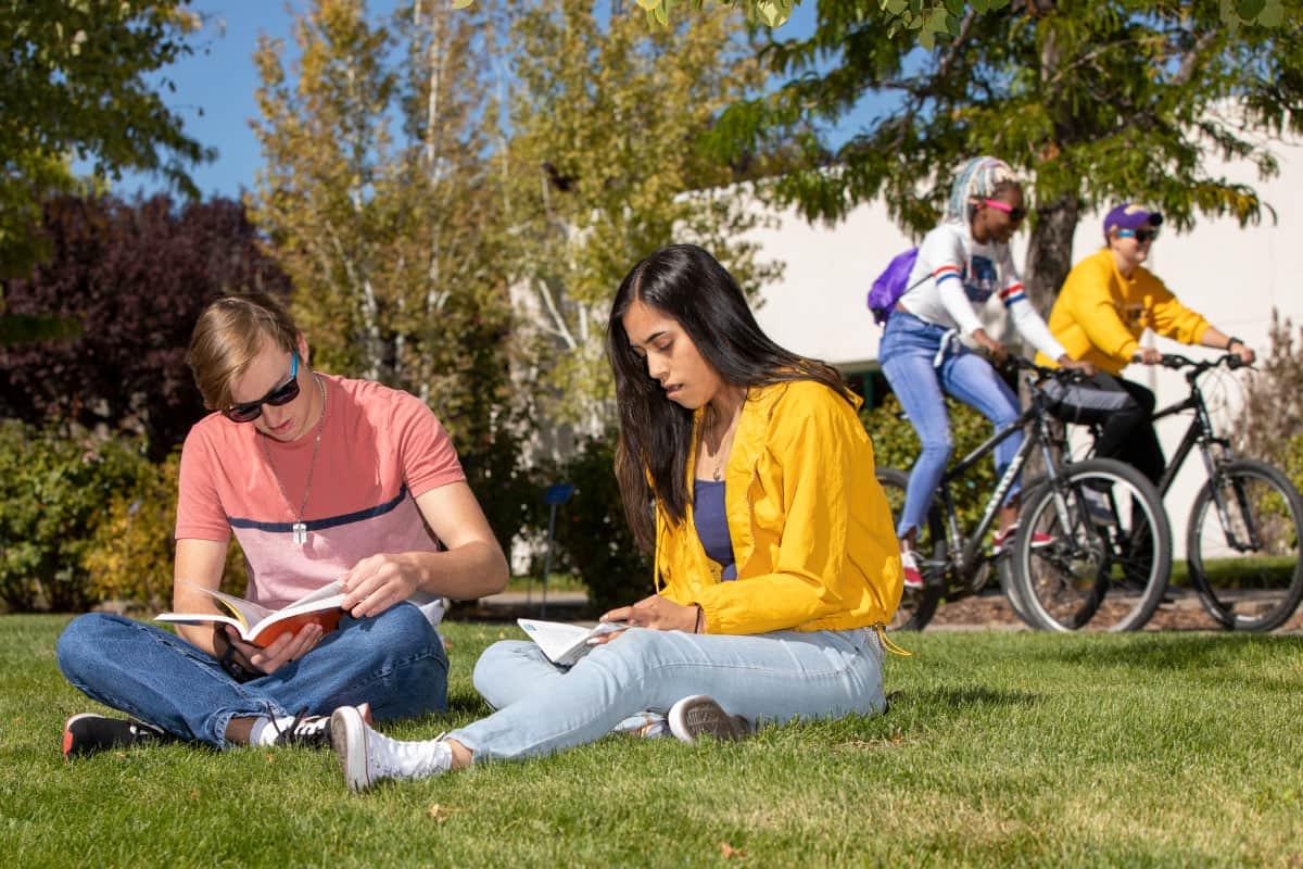 两个学生骑自行车，两个学生坐在草坪上学习.